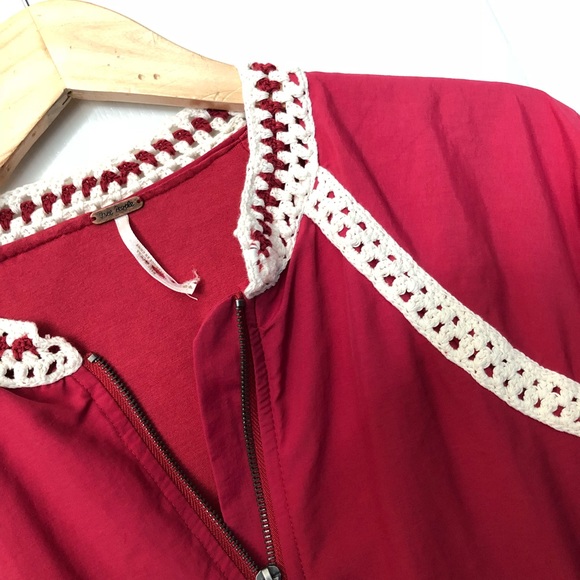 Free People Cherry Red Crochet Bomber Jacket - Picture 5 of 8